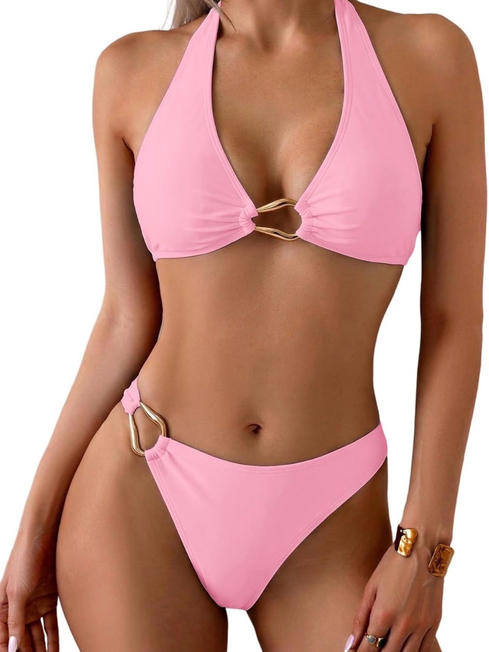 Women's Pink Halter Bikini with Gold Ring Accents